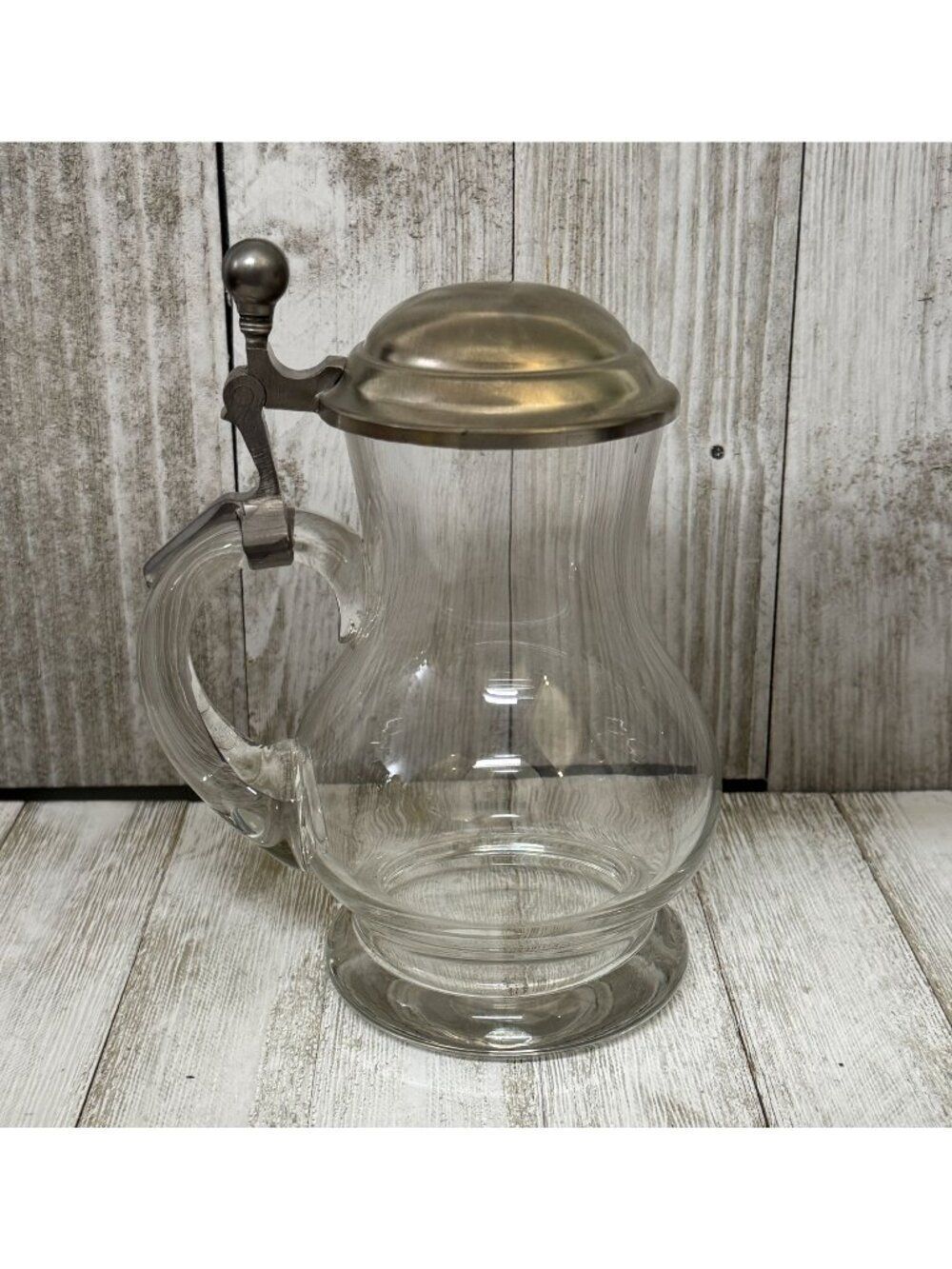 Vintage Glass Beer Stein with Hinged Pewter Lid